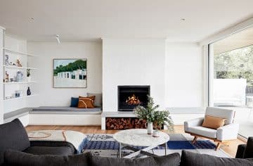 Jetmaster open wood fireplace in living room