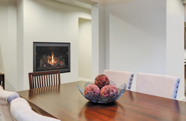modern fireplace in dining room