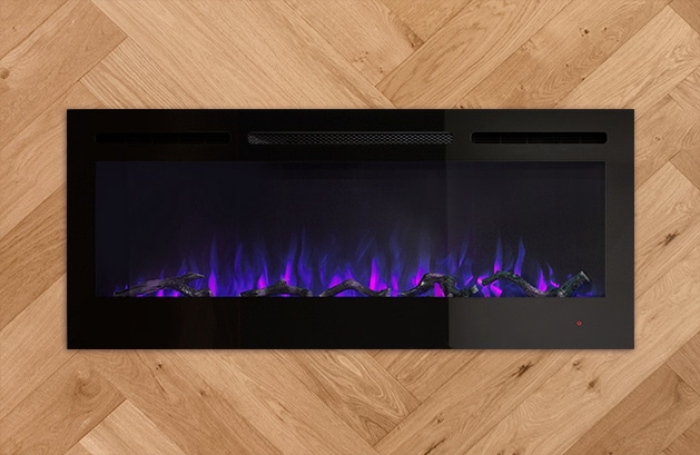 VisionLINE Linear designer electric fireplace showing blue flames