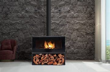 VisionLINE Taurus slow combustion wood fireplace with wood stack