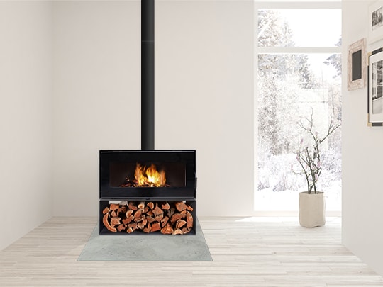 VisionLINE Taurus combustion wood fireplace with wood stack in white home