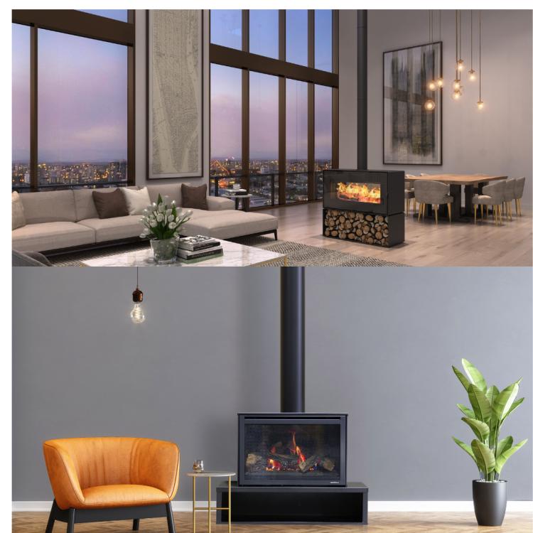 Gas Fireplace and Wood Fireplace in One image for comparison